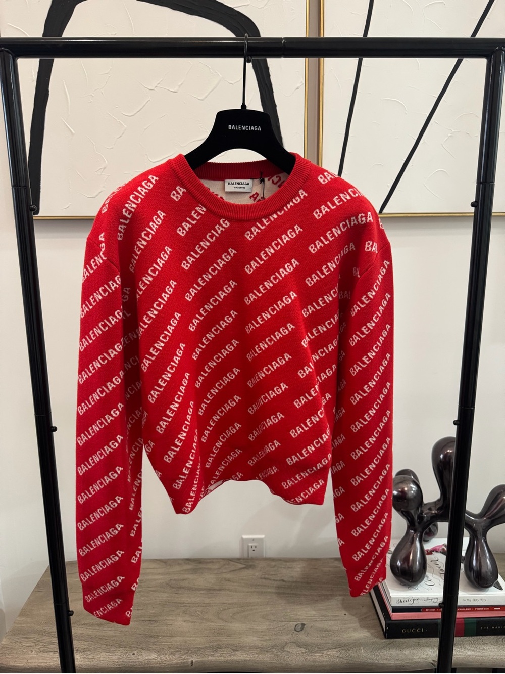 Balenciaga Red Crewneck Sweater with Allover White Logo